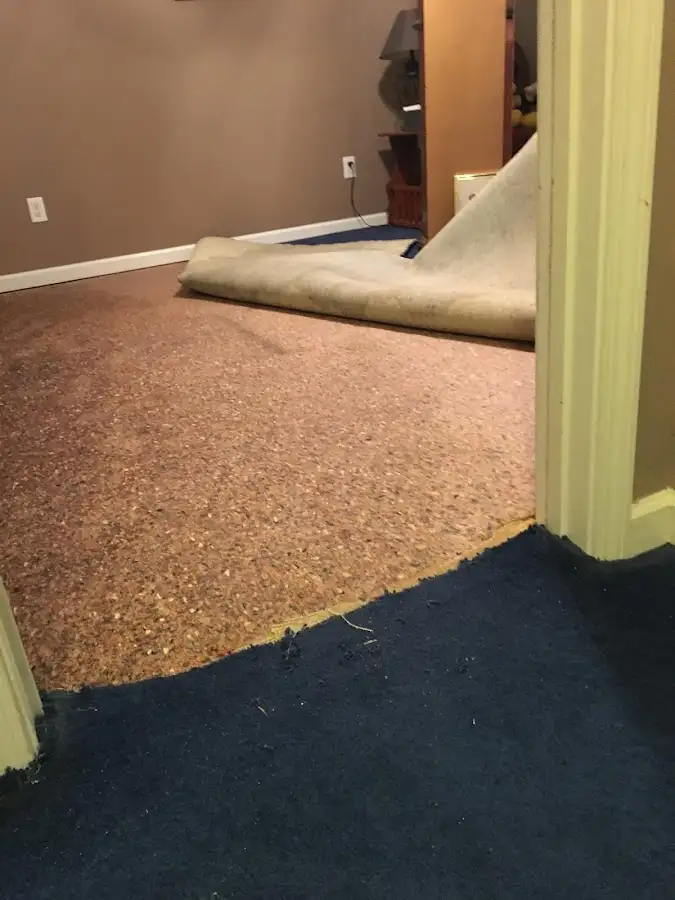 Carpet pad removal revealing water damage during Water Mitigation Services in Cherry Hill